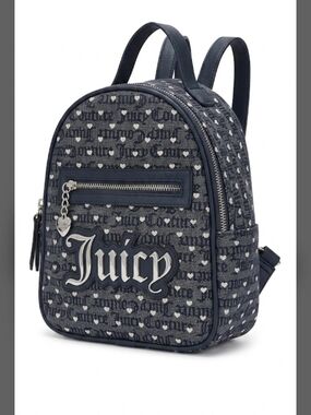 NWT Juicy Couture Denim Pokerface Navy Silver Heart Mini Backpack & Bag Tag Giv